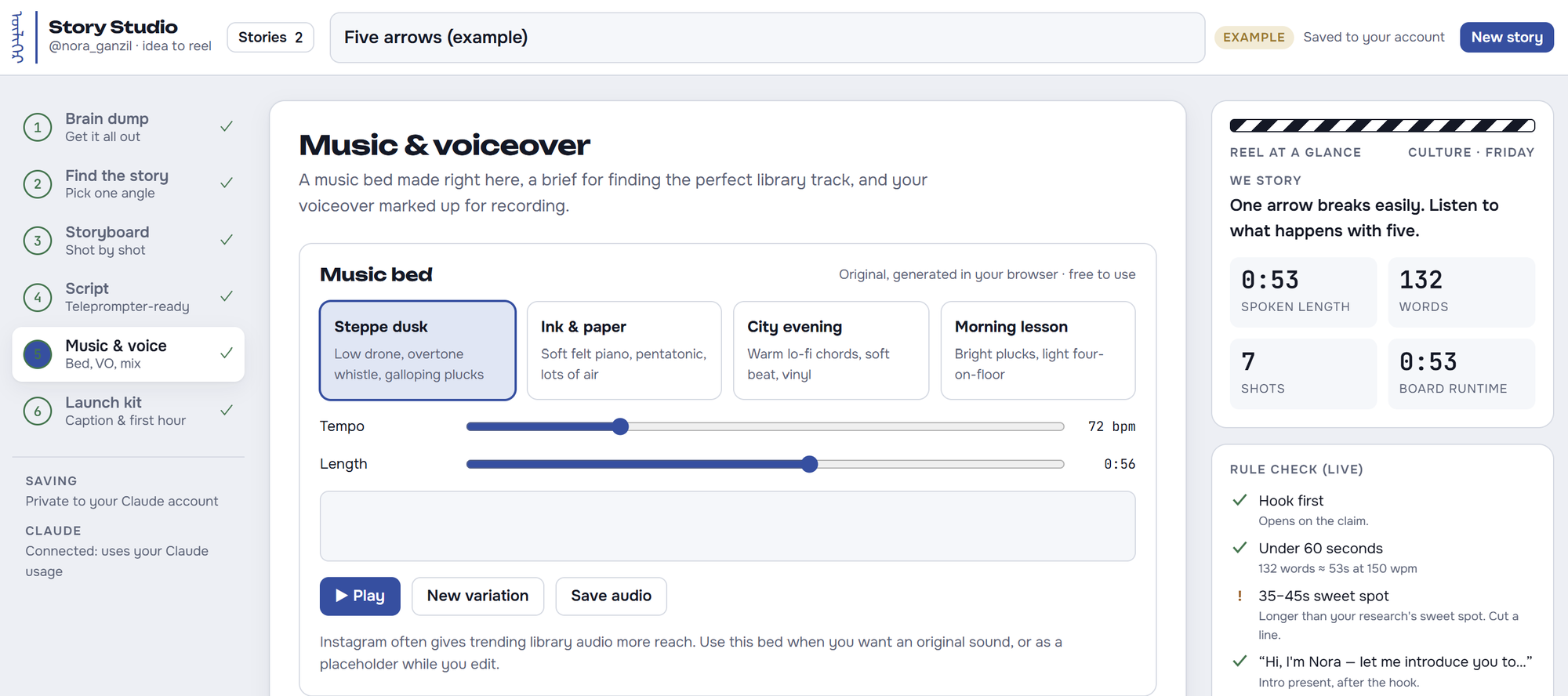Music and voice step of Story Studio with four music moods and tempo and length sliders